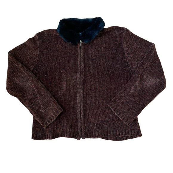 Faux Fur Collar Knit Sweater Jacket With Full Zip Closure - Picture 3 of 4